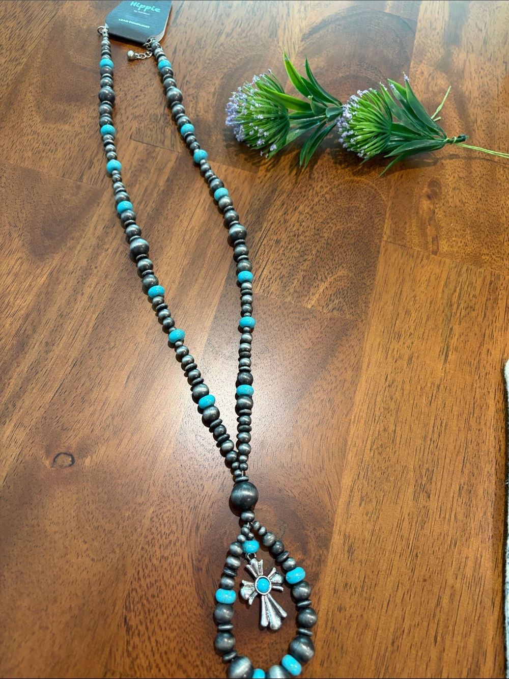 Turquoise and Silver Bead Cross Pendant Necklace
